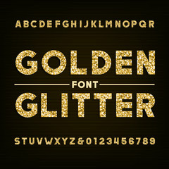 Golden glitter alphabet font. Bold letters and numbers. Stock vector typography for your design.