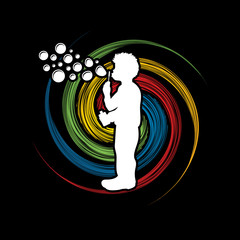 A little boy blowing soap bubbles designed on spin wheel graphic vector.