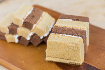 chocolate chiffon cake on wooden