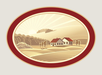 Rural landscape in the frame, a graphic design element for the create of the label.