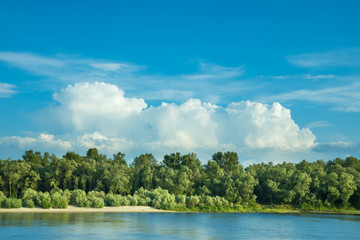 The puffy clouds above forest and river (lake). Wide angle