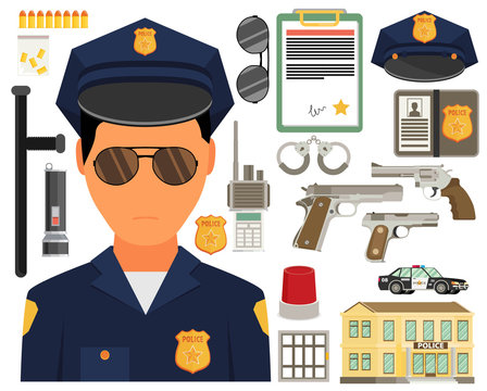 Vector illustration with policeman. Flat style. Elements 