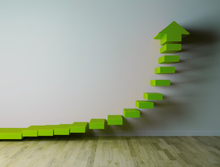 3D green arow on white wall pointing up, while rowing exponentialy