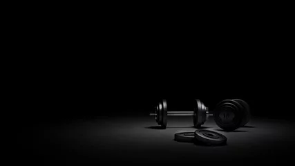 Gordijnen Gym weights under strong dramatic lighting, 3D rendering of gym weights © obadart