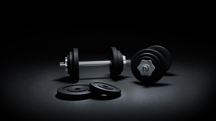 3D render of gym weights in the dark, with strong rim lighting dramatic effect