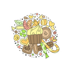 Hand drawn doodle style outline cupcakes, cookies, sweets and chocolate on white