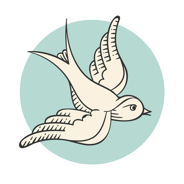 Icon bird for tattoo isolated on turquoise or mint circle background