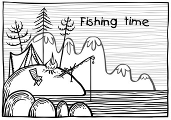 Outdoor fishing illustration. Outline version.