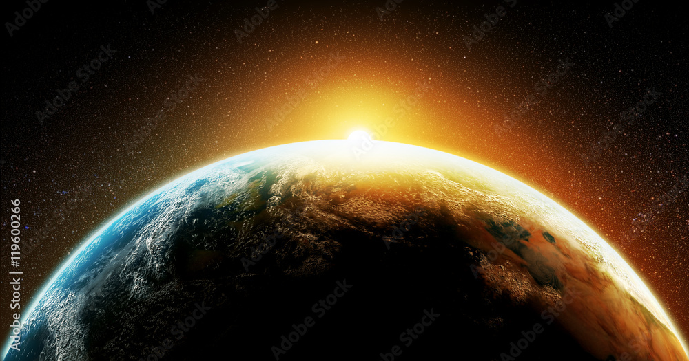 Wall mural earth planet represented by a 3d render with a strong contrast on black background