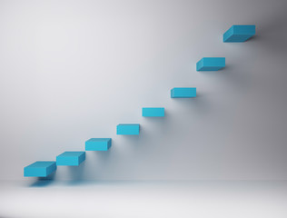 3D render of exponential organised stairs, blue stairs on white wall, representing growth and positivism