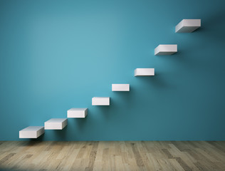 Staircase to success, 3D modeled fictional stairs coming from a blue wall representing exponential rise.. success representation towards the goal.