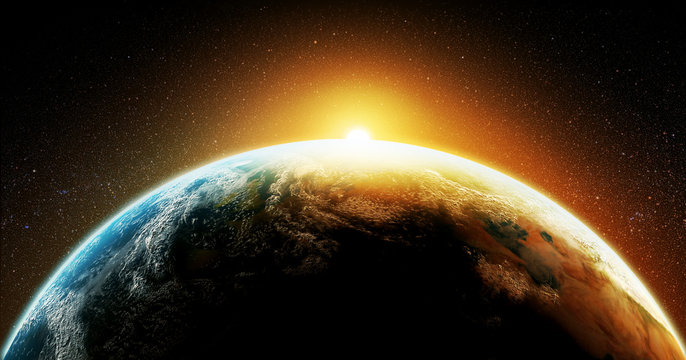 Earth planet represented by a 3D render with a strong contrast on black background