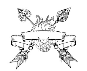 Black and white illustration of a heart with an arrow and the old scroll. Vector eelement for printing on T-shirts, tattoos and sketches of your design
