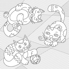 Cute Cats playing with clew on striped carpet - coloring page for kids or adult. Black and white funny cats vector illustration.