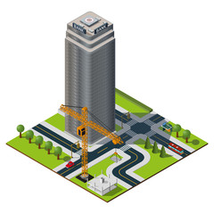 Isometric city map. Bank building in downtown. Yellow crane illustration. Skyscraper construction.