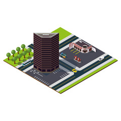 Isometric city map. Bank building in downtown. Gas station illustration.