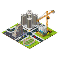 Isometric city map. Hotel and bank illustration. Constraction and central studium illustration.