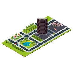 Isometric city map. Bank building in downtown. Isometric lake and houses in suburb. Gas station illustration.