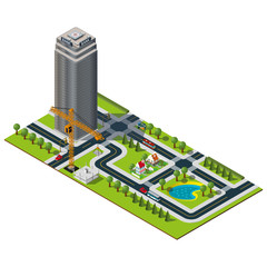 Isometric city map. Bank building in downtown. Yellow crane illustration. Isometric lake and houses in suburb.