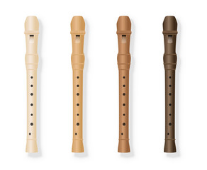 Recorder variations - four fipple flutes in different kinds of wood. Isolated vector illustration on white background.