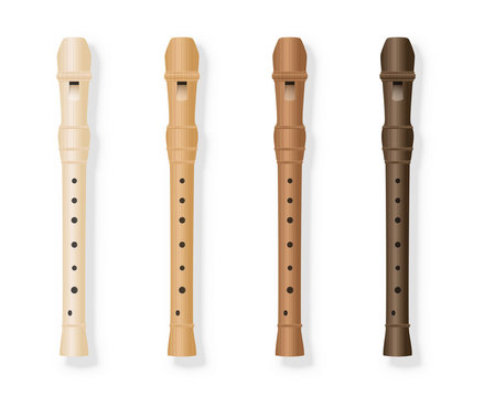 Recorder variations - four fipple flutes in different kinds of wood. Isolated vector illustration on white background.