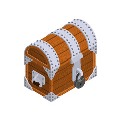 Open treasure chest isometrics. Old casket with money. Gold and
