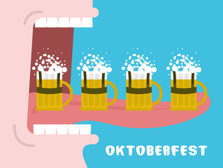 Oktoberfest poster. Drinking many mug of beer. Man drinks alcoho