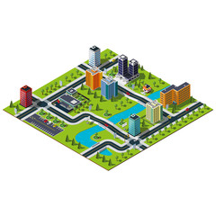 Isometric big city map. Crossroads and road markings illustration. Bridge over the wide river in downtown. Hospital, bakery and central parking illustration.
