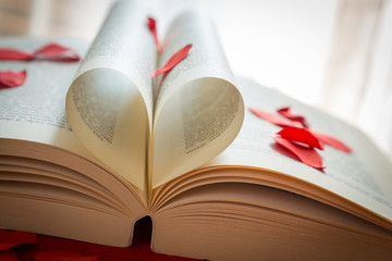 Pagine di libro a forma di cuore con petali rossi