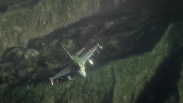 Military Aircraft Jet F16 In Fly. ProRes HQ codec.