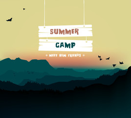 Naklejka premium Summer camp, themed camp and vacation poster illustration