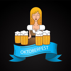 Linear icon with cute Bavarian waitress dressed in traditional costume .
