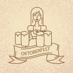 Linear icon with cute Bavarian waitress dressed in traditional costume .