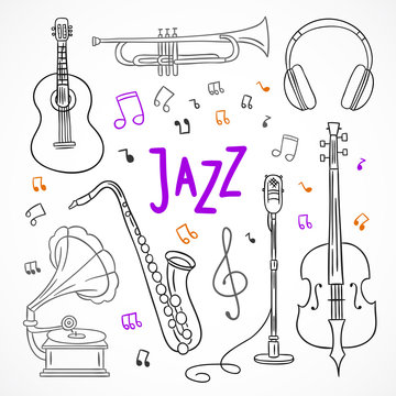 Jazz musical instruments. Jazz festivel music. Hand drawn jazz orchestra illustrations