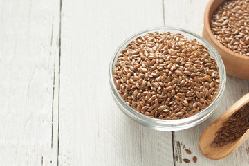 flax seeds in bowl on table