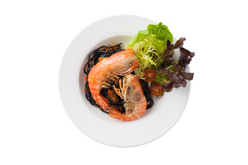 Black spaghetti with river prawn