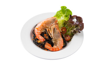 Black spaghetti with river prawn