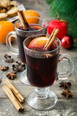 Christmas mulled wine on wooden table

