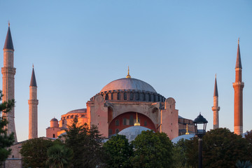 Fototapeta na wymiar The last rays of sun illuminating Hagia Sophia