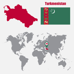 Naklejka premium Turkmenistan map on a world map with flag and map pointer. Vector illustration