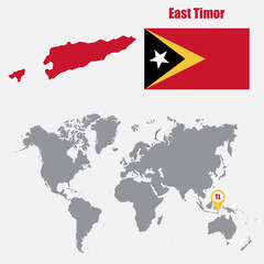 East Timor map on a world map with flag and map pointer. Vector illustration