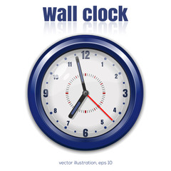 Blue wall clock on a white background. Vector illustration