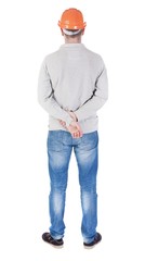 Backview of an engineer in construction helmet stands. Standing young guy. Rear view people collection.  backside view of person.  Isolated over white background.