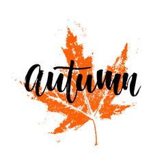 Autumn black lettering with orange maple leaf