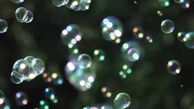 Many small bubbles scatter in different directions. Soap bubbles show.