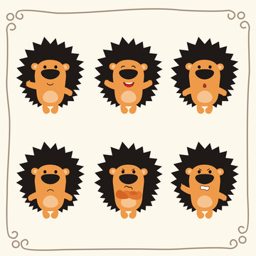 Vector set cute hedgehog. Collection isolated funny hedgehog. Emotion little hedgehog.