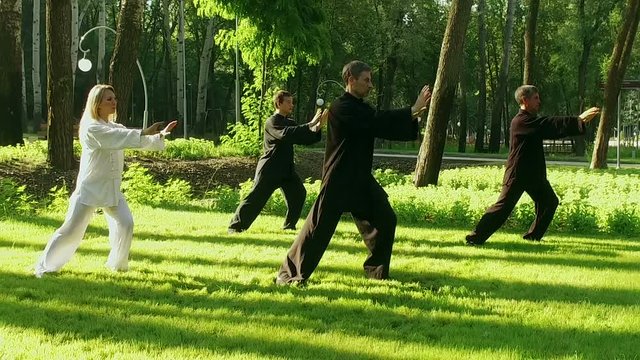 Training in the park. Workout. Group of four people practicing the elements of qigong. Slow motion. HD