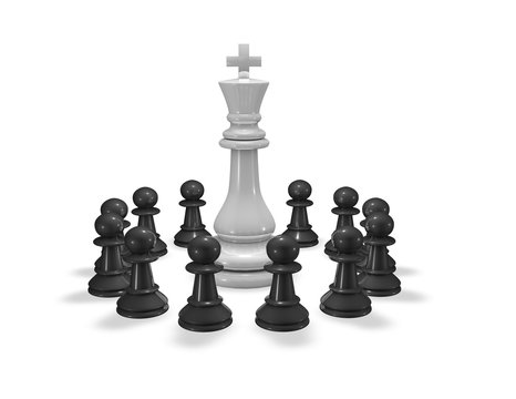 Teamwork concept 3D illustration with chess king and pawns isolated.