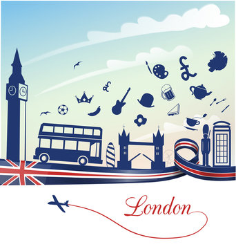 london background with flag and symbol set
