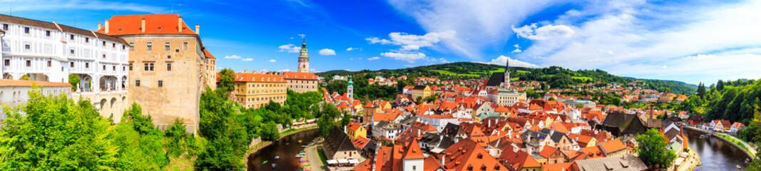 Naklejka na ściany i meble Beautiful panoramic landmark view to church and castle in Cesky Krumlov, Czech republic. UNESCO World Heritage Site
